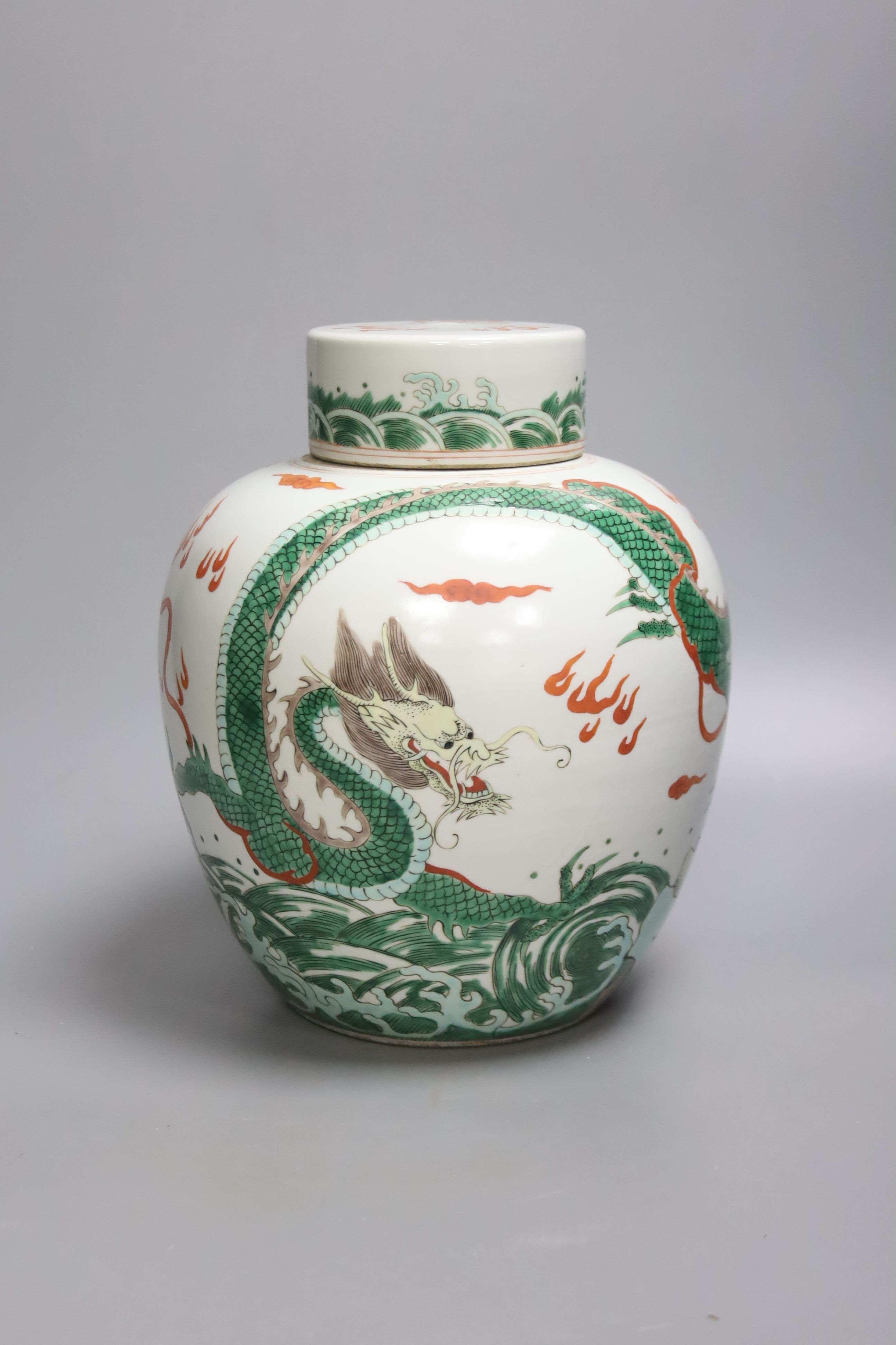 A Chinese famille verte 'dragon' ginger jar and cover, height 24cm
